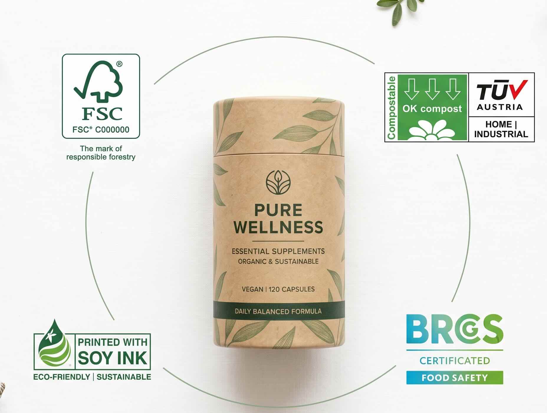 Sustainability certification visual for Earthy Cores child-resistant paper tubes showing FSC certified paper BPI compostable BRCGS global standards and soy ink printing credentials