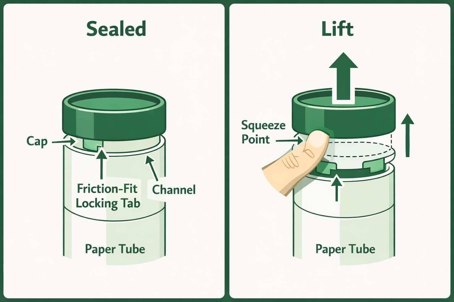 Cutaway diagram of a friction-fit child-resistant paper tube closure showing locking tab channel in sealed and open positions for plastic-free supplement packaging