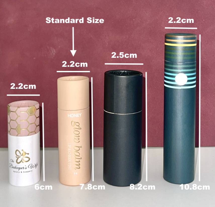 Lip balm paper tube size comparison by Earthycores Four lip balm paper tube sizes compared side by side — 6cm, 7.8cm standard, 8.2cm, and 10.8cm tall with diameters labeled