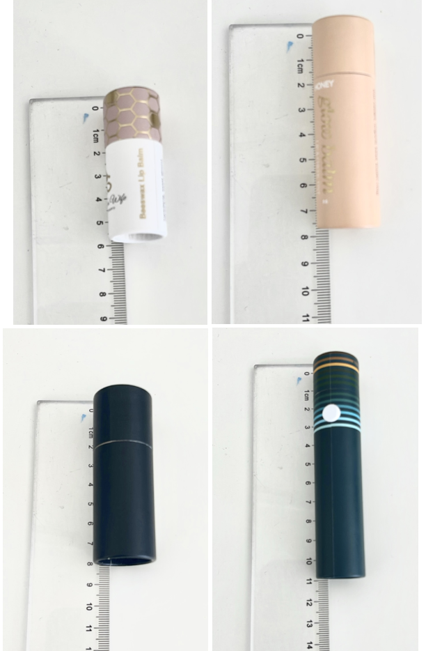 Lip balm tube measurements by Earthycores Lip balm paper tubes measured against a ruler showing actual heights of 6cm, 7.8cm, 8.2cm, and 10.8cm sizes